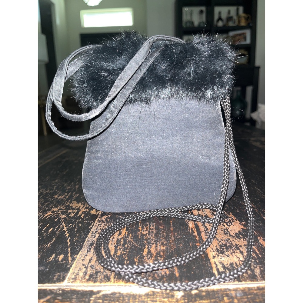 Black Satin Evening Bag with Faux Fur Trim Braided Strap Formal Clutch